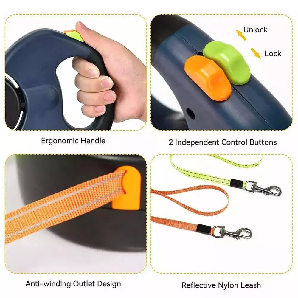 Tangle-Free Dual Retractable Dog Leash with LED Light