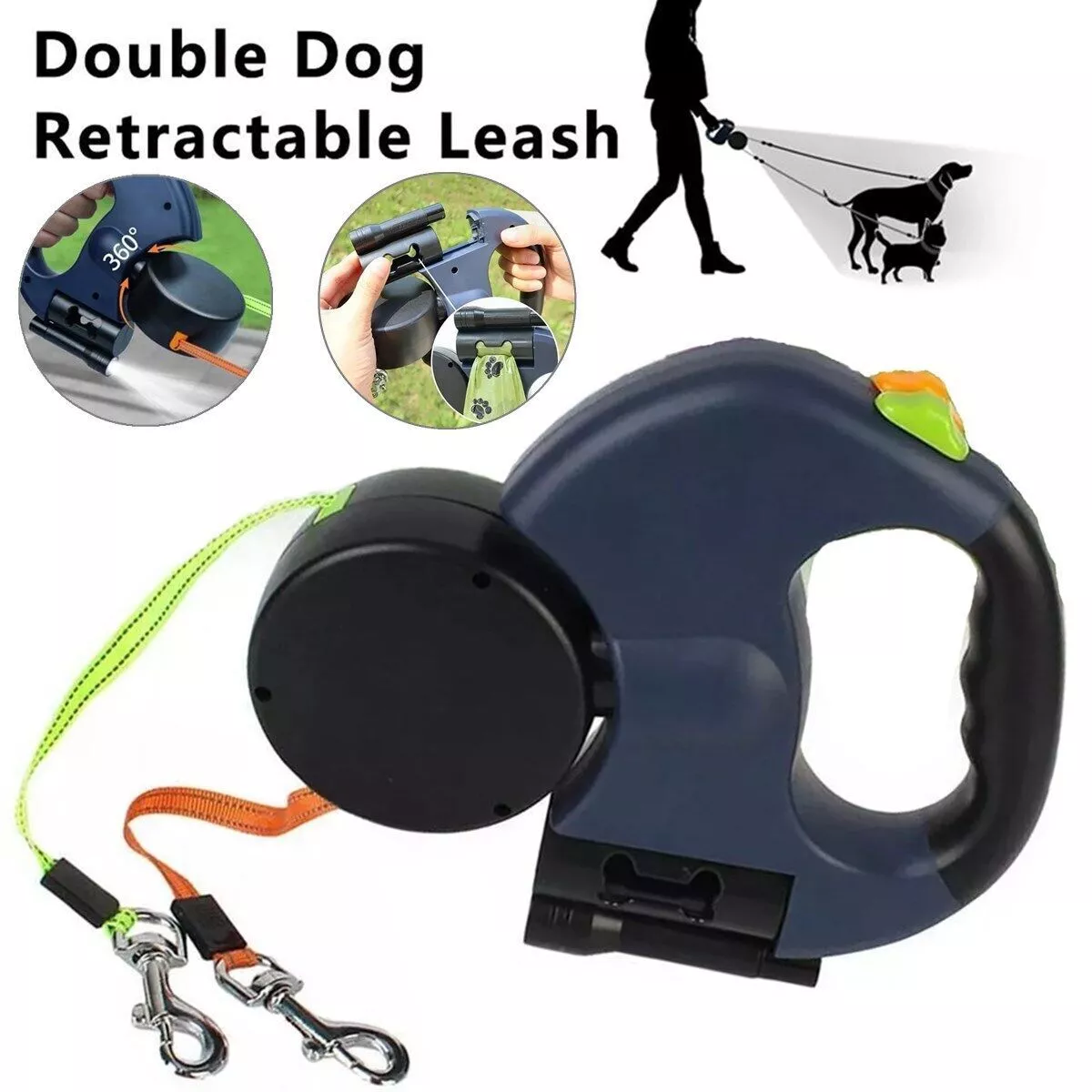 Tangle-Free Dual Retractable Dog Leash with LED Light
