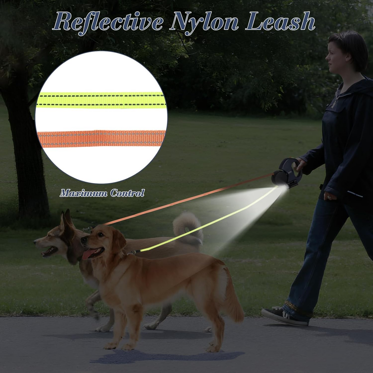 Tangle-Free Dual Retractable Dog Leash with LED Light